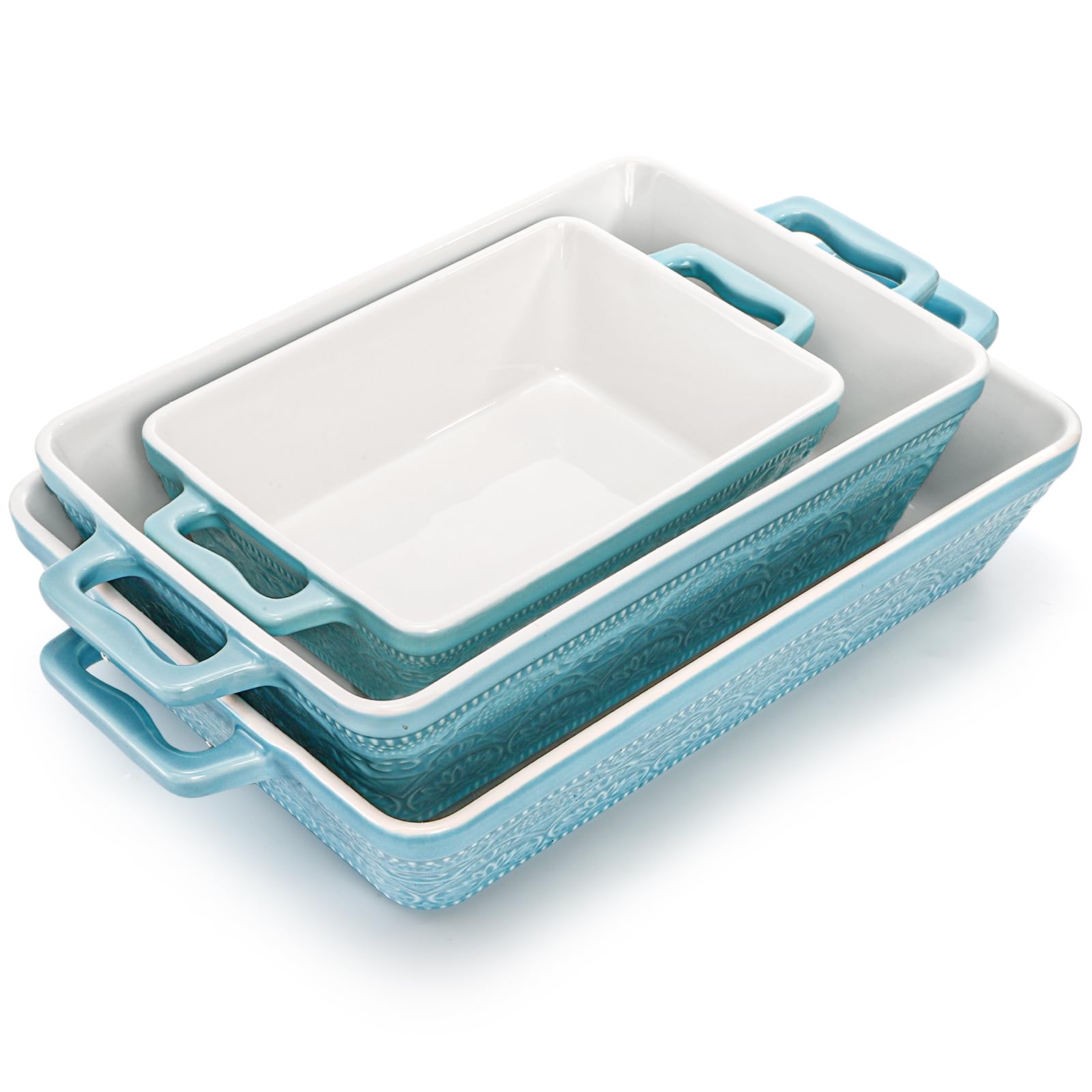 Hacaroa Set of 3 Ceramic Baking Dishes, Rectangular Bakeware with Handles, Elegant Casserole Dish Set Lasagna Pan for Baking, Cooking, Cake Dinner, Banquet, Lake Blue, 3 Sizes
