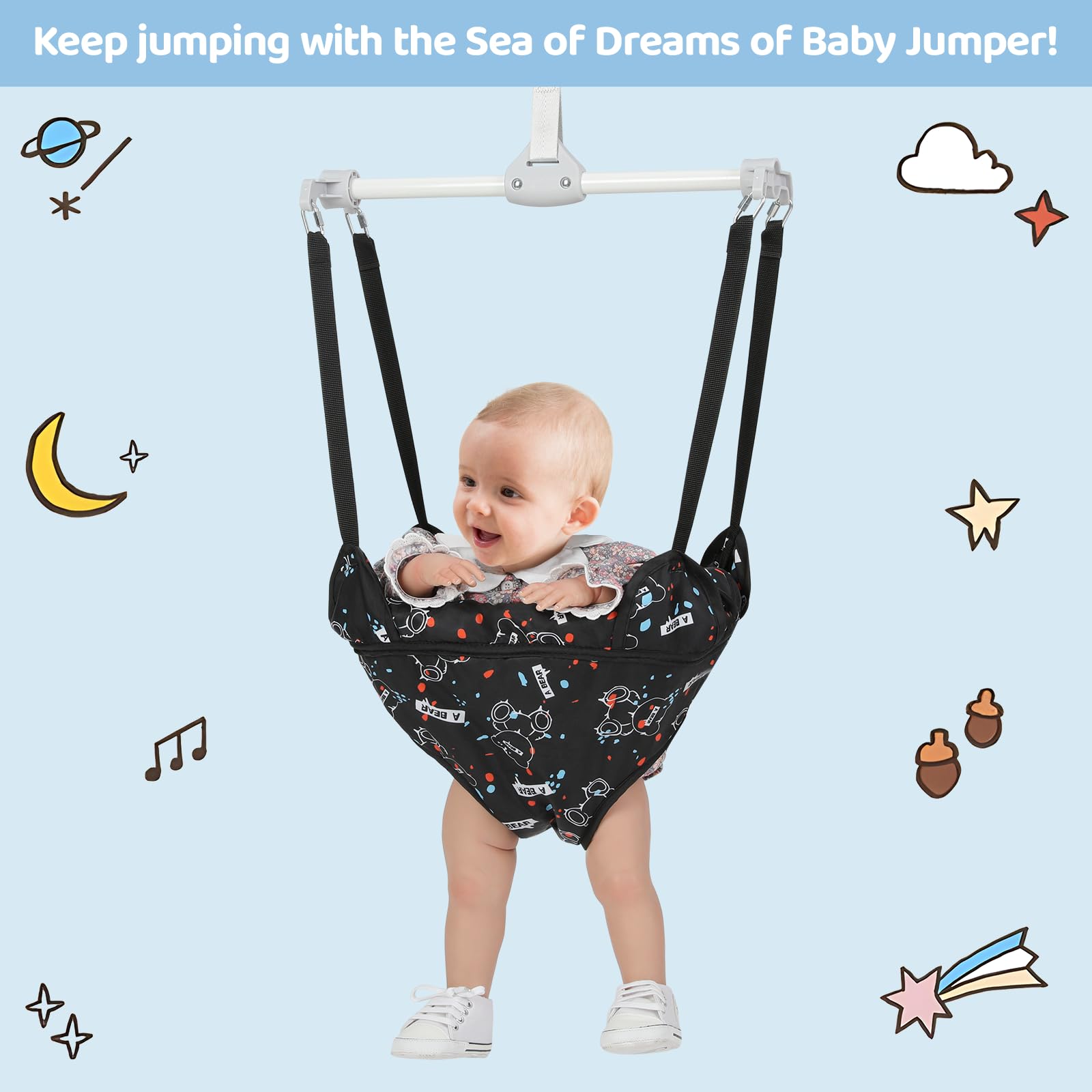 Cowiewie Door Jumper for Baby with Adjustable Seat and Strap, Fun Activity for 6-12 Months Baby Infant, Quiet Bear