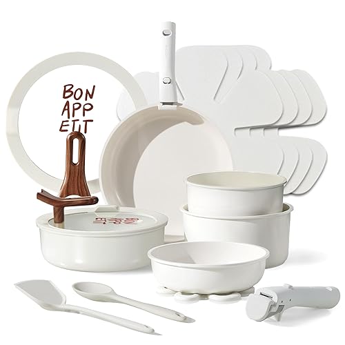 CAROTE 18Pcs Pots and Pans Set Non Stick, Nonstick Ceramic Cookware Set with Detachable Handle, Non Toxic Kitchen Cooking Sets, PFOA Free, Oven Safe, Stackable Induction Ready, Cream White