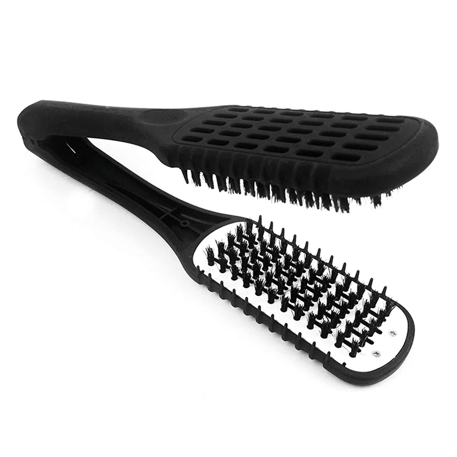 CCbeauty Boar Bristles Clamp Hair Straightener Brush Comb Detangler Double Sided Styling Tool for Straightening - Matte Black