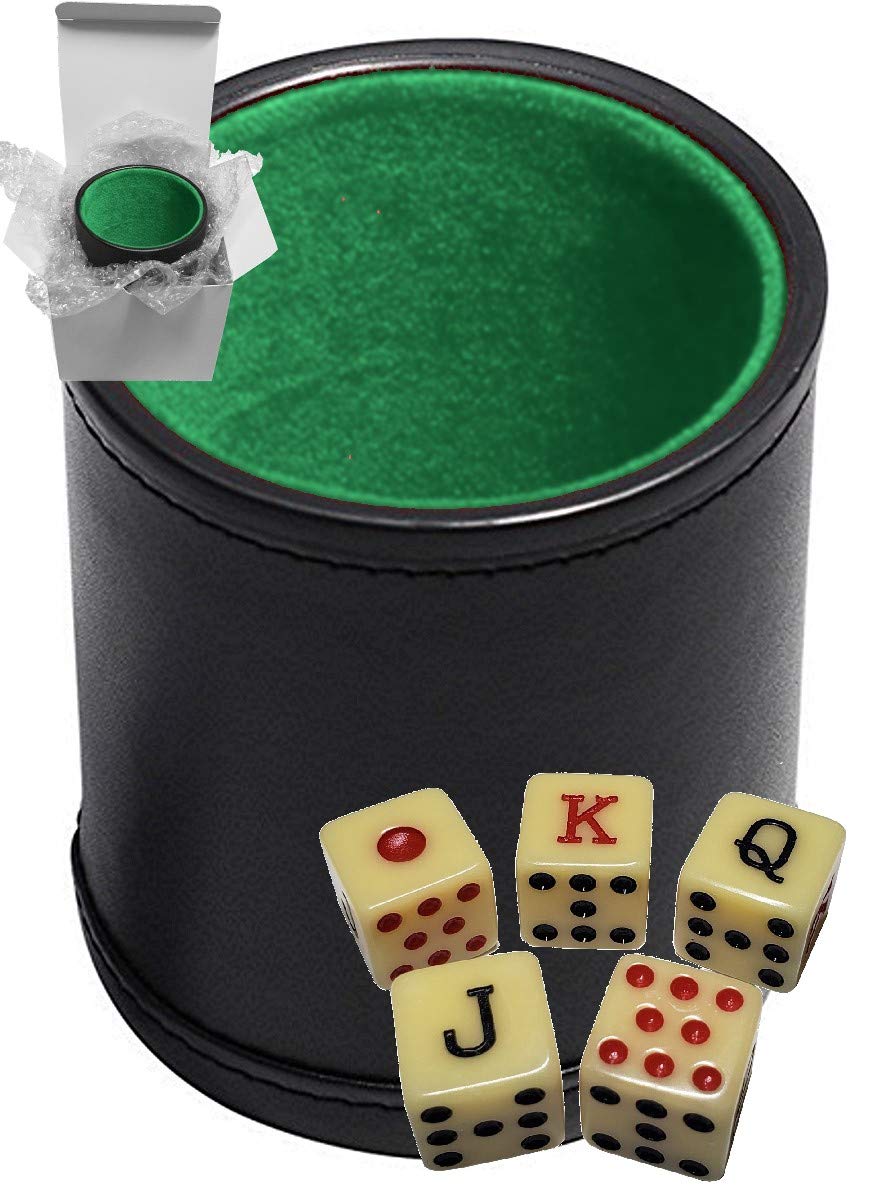 Set of 16mm Poker Dice Squared Corners and Black PU Leather Dice Cup Plush Velvet Lined - Gift Boxed (Spanish Poker (Bone), Black/Green Cup)