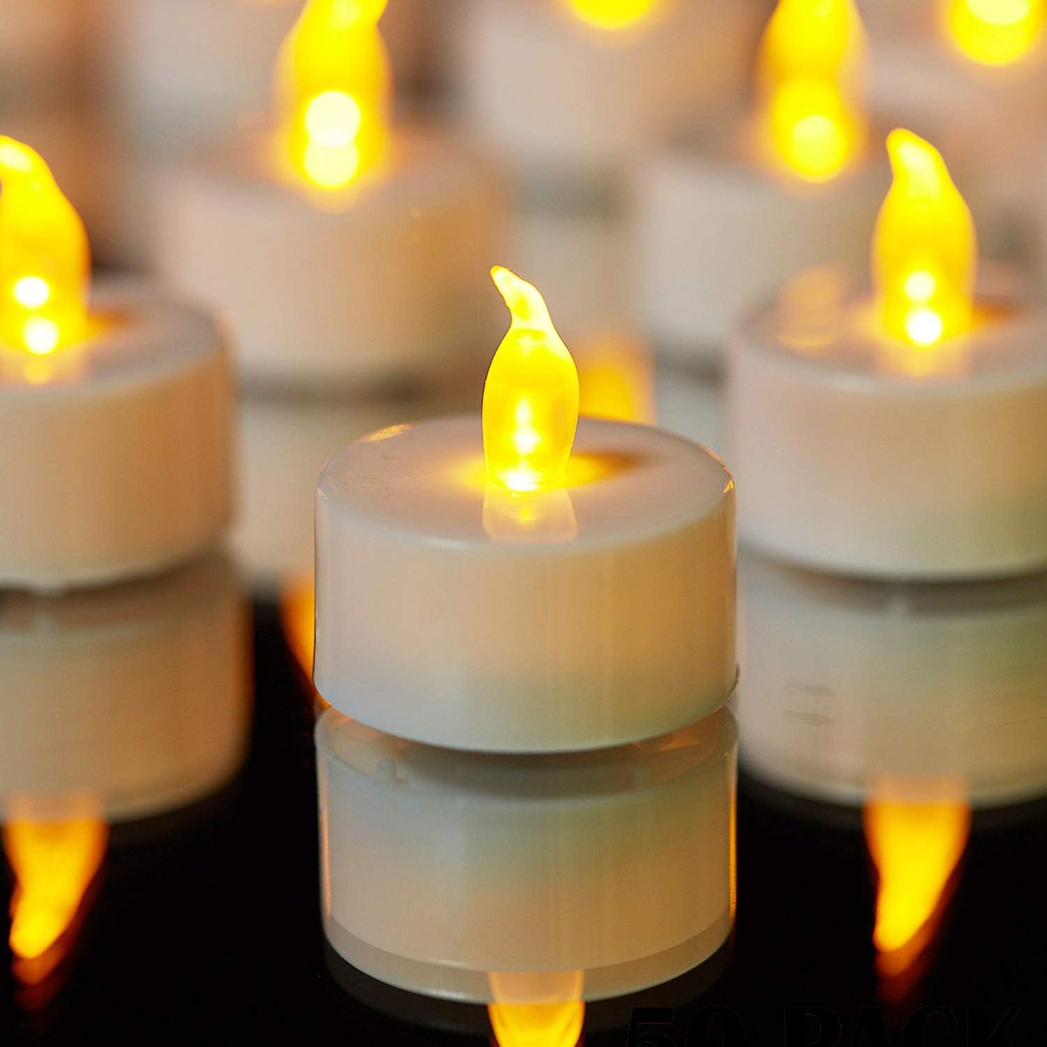 YIWER Tea Lights LED Tea Light Candles 100 Hours Pack of 50 Realistic Flickering Bulb Battery Operated Tea Light for Seasonal Festival Celebration Electric Candle in Warm Yellow