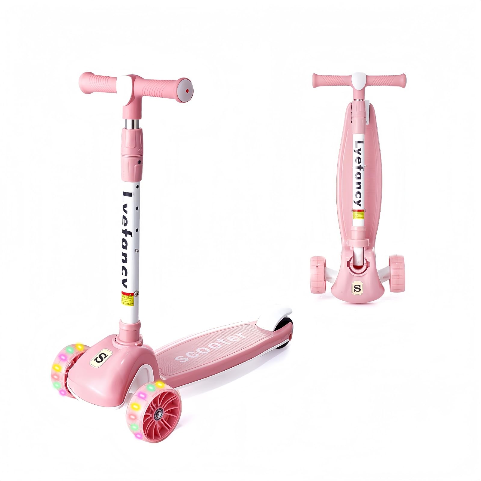 Lyefancy Kids Scooter for 2-10 Years Old Boys Girls, 3 Wheel Toddler Scooter, Childrens Folding Kick Scooter, Light up Wheels, Adjustable Height, Lean to Steer, Extra-Wide Deck (Pink)