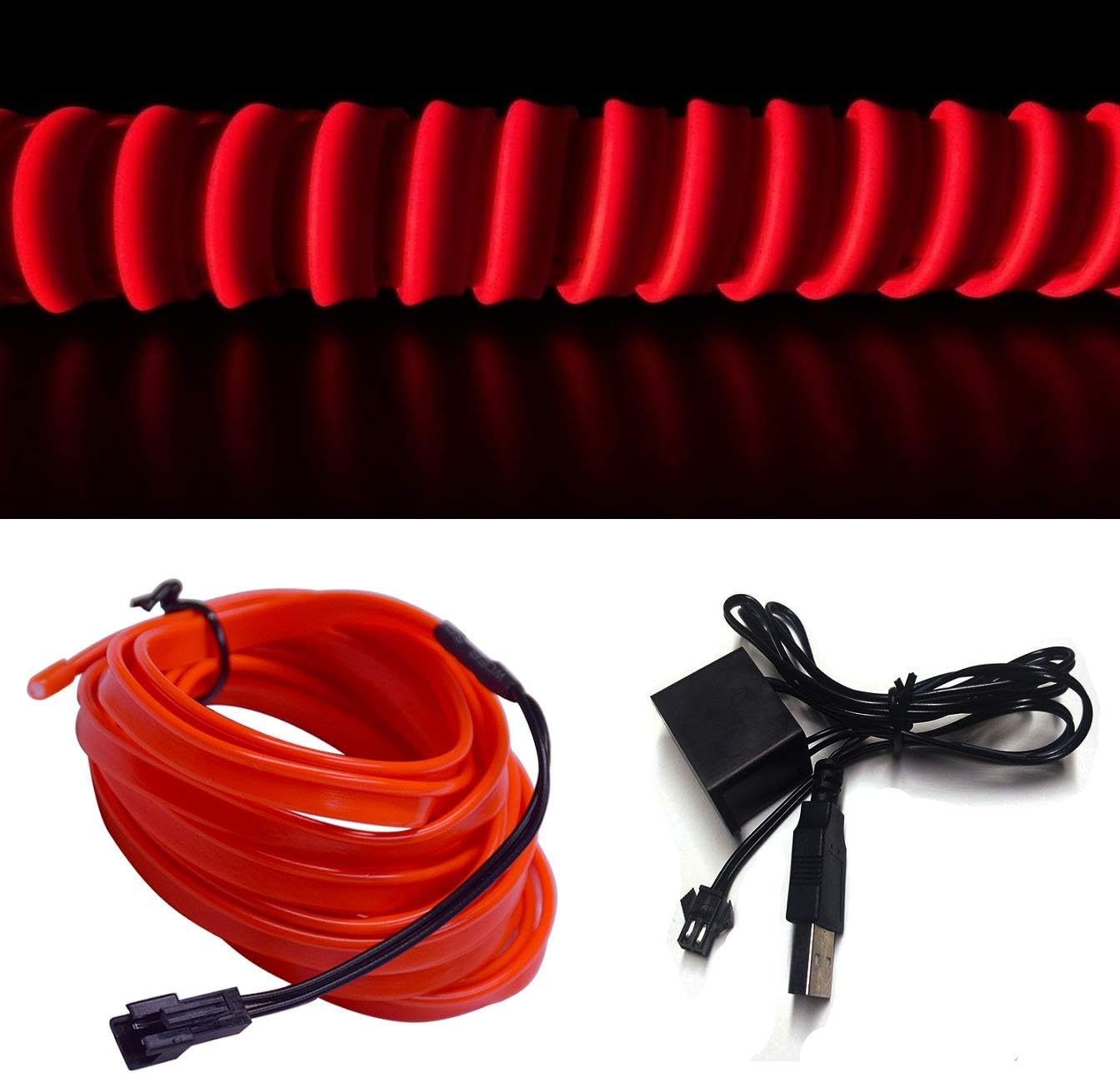 M.Best USB Neon LED Light Glowing Electroluminescent Wire/El Wire for Automotive Interior Car Cosplay Decoration with 6mm Sewing Edge (Red, 3M/9FT)