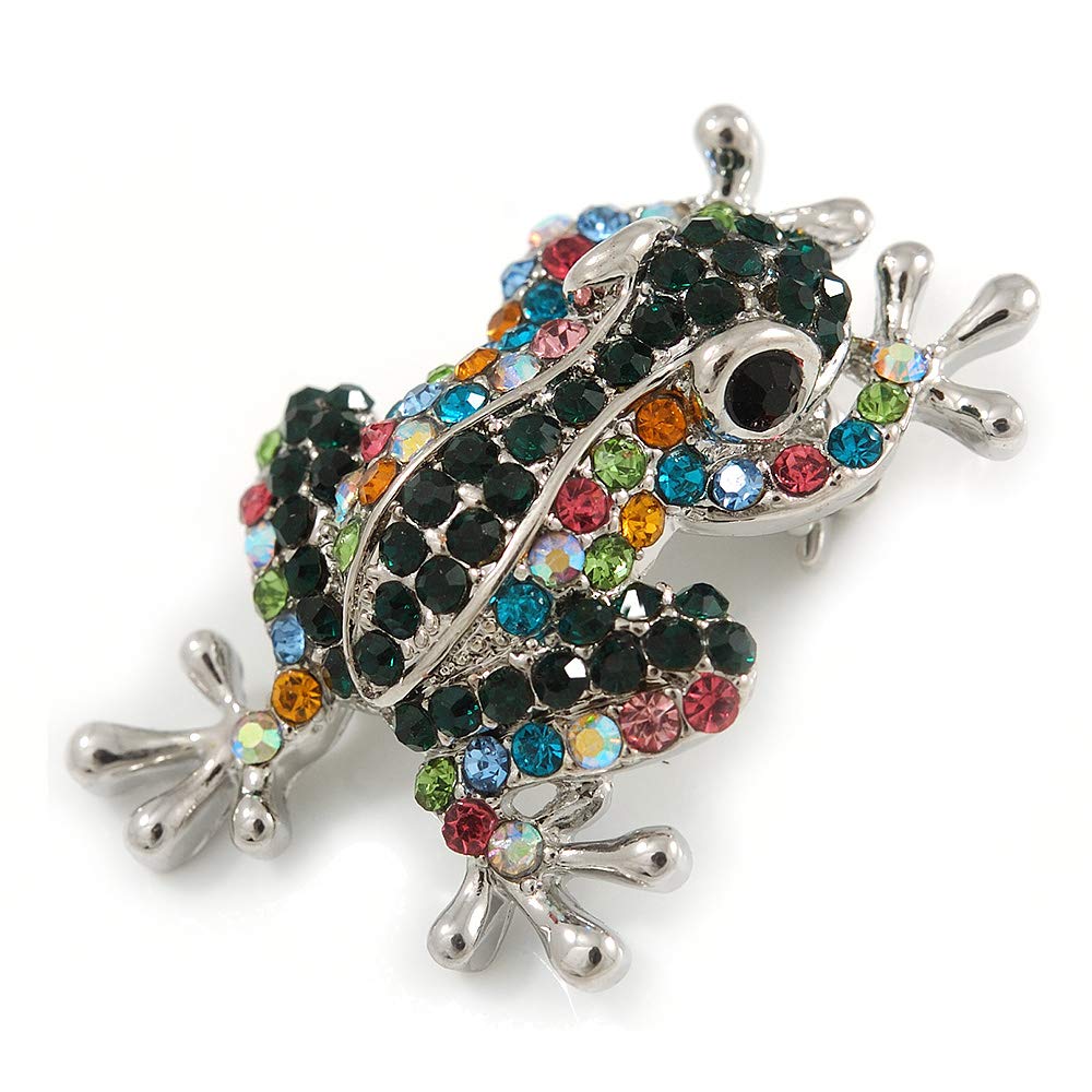 Multicoloured Crystal Frog/Toad Brooch In Silver Tone Metal - 35mm L
