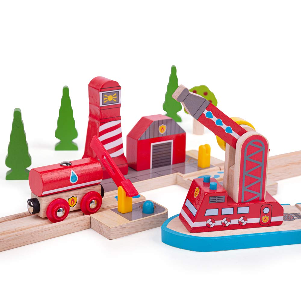 Bigjigs Rail Fire & Sea Rescue | Wooden Train Set Accessories | Emergency Services Toys | Expansion Pack for Wood Railway Track | Includes Crane, Barge & Water Tank Figures | Gifts for 3+ Year Olds