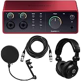Focusrite Scarlett 4i4 4th Gen USB Interface with Software Suite, Bundle with Turnstile Audio Headphones, Pop Filter, XLR M to F Cable 10'