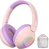 TONOSHARK Noise Cancelling Headphones for Kids,Colorful RGB LED Lights, 60H Playtime, Bluetooth 5.4 Wireless Over-Ear Headset Built-in Microphone for Home/School/Party- Includes Portable Case(Pink)