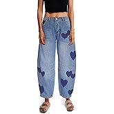 Barrel Jeans for Women Mid Rise Heart Printed Denim Ankle Pants Vintage Baggy Boyfriend Jeans