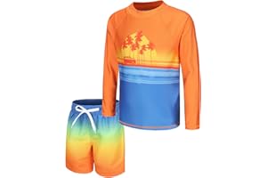 ZESTONIE Boys Two Piece Rash guard Swimsuits Set with Swim Trunk Kids Long Sleeve Bathing Suit Swimwear Set