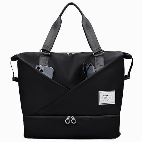 Fioretto Womens Travel Bag Duffle Bag with Laptop Compartment, Water Resistant Gym Bag Weekend Bag Overnight Hospital Bag Holdall with Separated Shoes Compartment & Wet Pocket Black