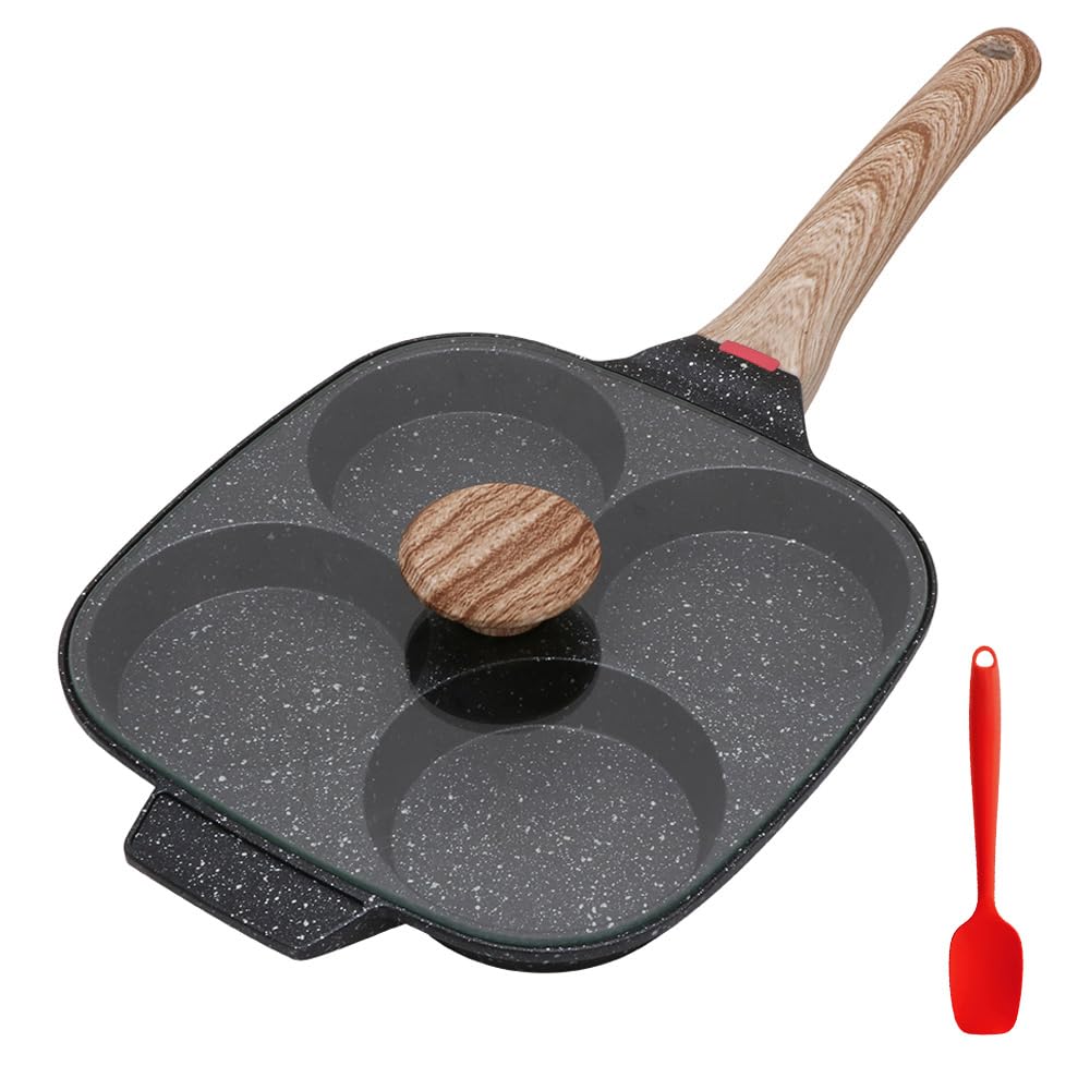 Bobikuke Pancake Pan Non Stick, 4 Hole Egg Frying Pan with Lid Burger Pan Multi Aluminum Fried Egg Pan for Breakfast - Black