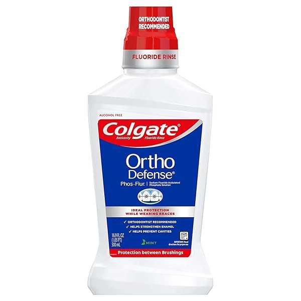 COLGATE ORTHO DEFENSE PHOS-FLUR ANTICAVITY MOUTHWASH, ALCOHOL FREE MOUTHWASH FOR BRACES, MADE WITH FLUORIDE AND PHOSPHATE TO REDUCE WHITE SPOTS AND HELP PREVENT CAVITIES, MINT, 16.9 FL OZ BOTTLE