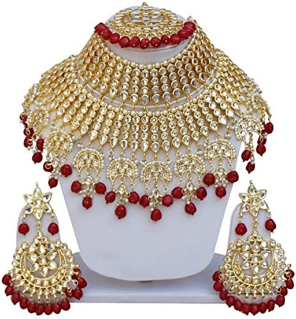 VVS Jewellers Ethnic Kundan Indian Bollywood Gold Plated Padmavat Bridal Wedding Jewelry Set (Red)