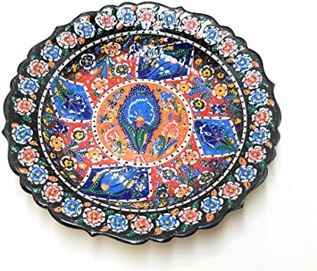 Handmade Turkish Traditional Ceramic Pottery Plate 12" (Black-Orange-Red)