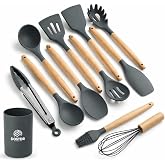 12 Piece Silicone Kitchen Cooking Spoon Set Wooden Handle &amp; Holder - Small | Low Cost Heat Resistant (446&deg;F) Non-Stick Safe Cooking Tools BPA-Free Food Grade Spatula &amp; Cooking Set Small Kitchen Utensils