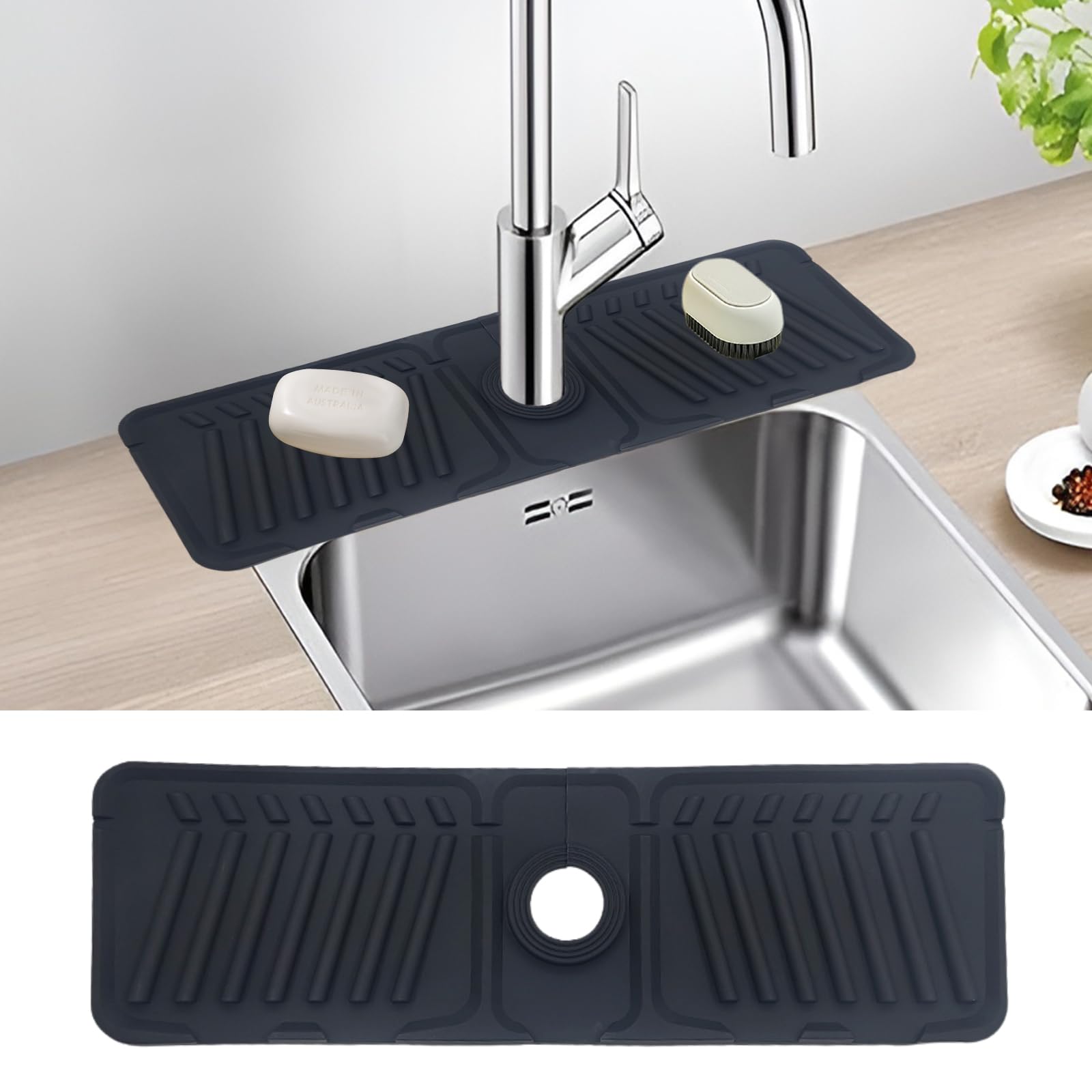 Silicone Sink Faucet Mat for Kitchen, Sink Splash Guard Drying Tap Mat Draining Pad, Faucet Handle Drip Catcher Tray for Kitchen Bathroom Counter (Black)