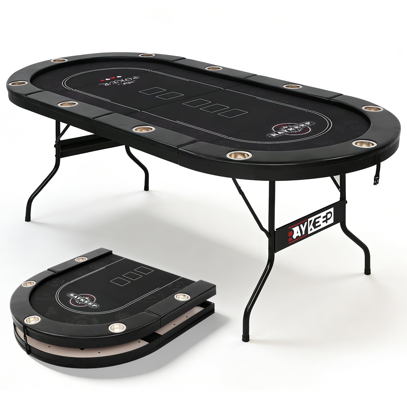 Photo 1 of *Scratches* RAYKEEP 84" Poker Table for 10 Players, Foldable Texas Holdem Table with Padded Rails & 10 Cup Holders, Portable Casino Board Game Table for Game Room, Blackjack, Party (Black)