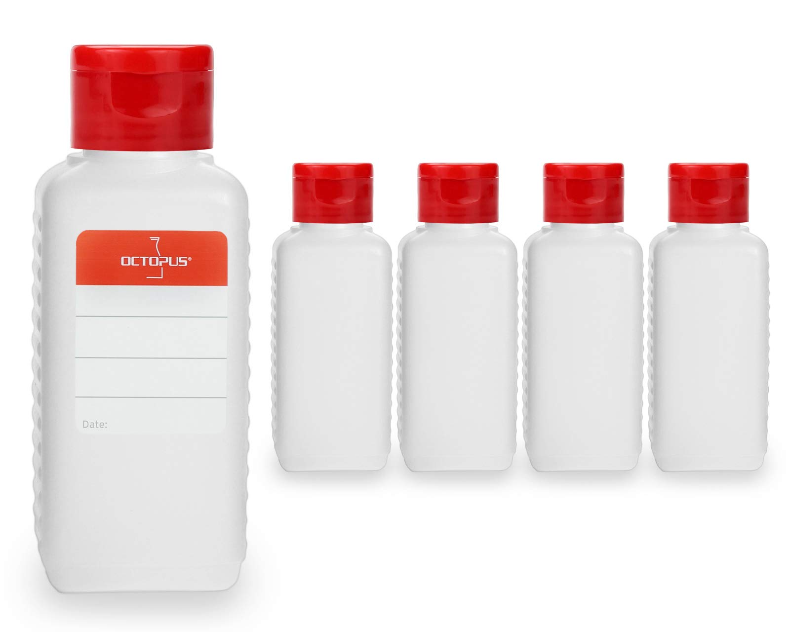 Octopus 5 x 100 ml plastic bottles, HDPE plastic bottles with red flip-top cap, empty bottles with red hinged cap, square bottles incl. 5 labels