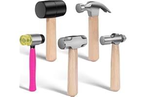 THINKLEARN 5Pcs Small Hammer Set - 10oz Rubber Mallet Hammer, 18oz Mini Sledge Hammer, 12oz Double-Faced Mallet, 11oz Ball Peen Hammer, 10oz Claw Hammer with Short Wood Handle for Lightweight Home Repair & Craft