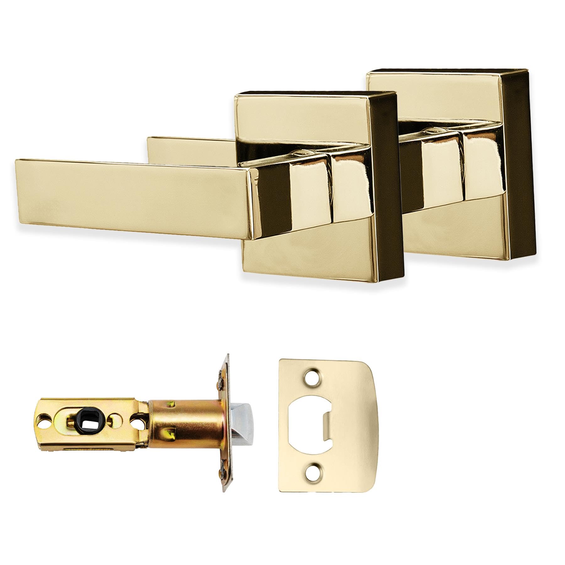 XFORT Quad Passage Knob Set Polished Brass, Door Knob for Internal Wooden Doors, Complete Set with Tubular Latch