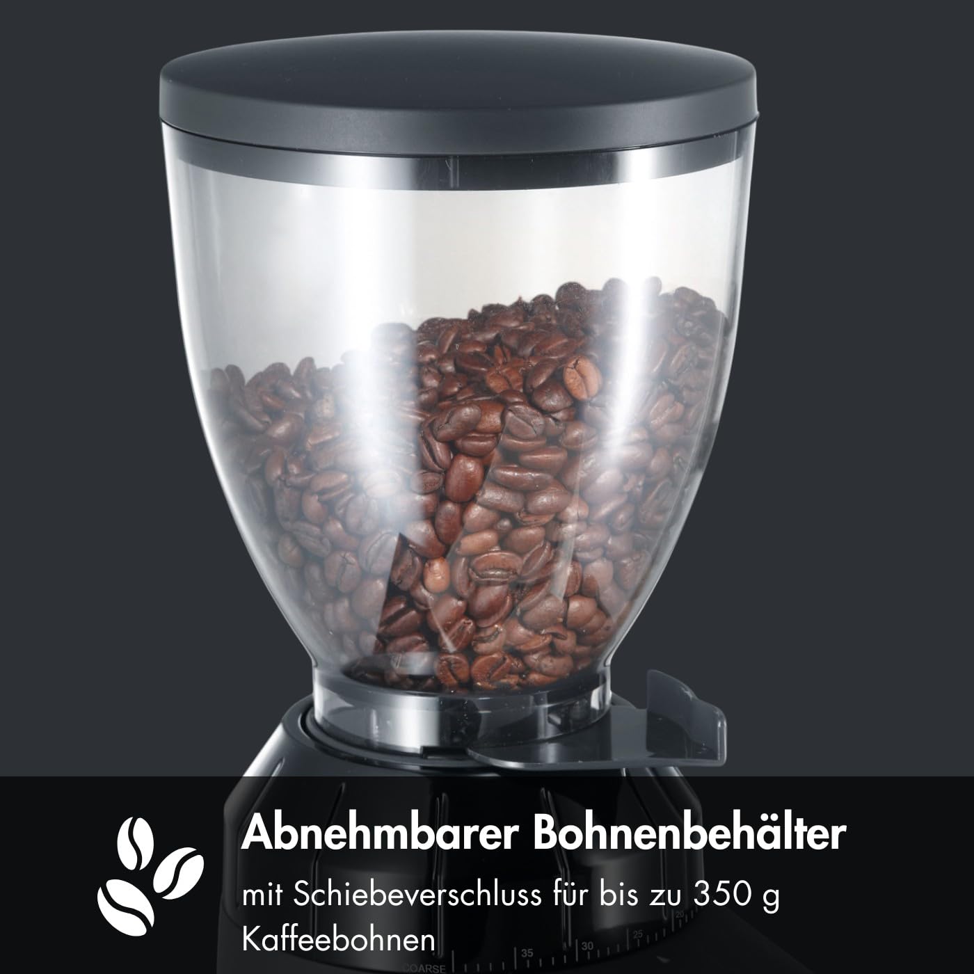 GRAEF CM802 - Elektrische Kaffeemühle, Aluminiumgehäuse, Bohnenbehälter 350 g, Edelstahl-Kegelmahlwerk, 40 Mahlgrade, Kaffeemühle Siebträger, Antistatik-Einsatz, Aluminium-Schaufelrad, 128 W, Schwarz 5