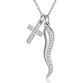 AXOMY Cornicello Necklace 925 Sterling Silver Italian Horn Necklace Cross Pendant Good Luck Protection Amulet Jewelry Gift for Women