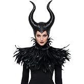 HOMELEX Feather Horns Costume for Women Black Cape Halloween Headpiece | Black feather cape and horn headpiece set for women's Halloween, gothic witch, dark queen and villain costume styling.