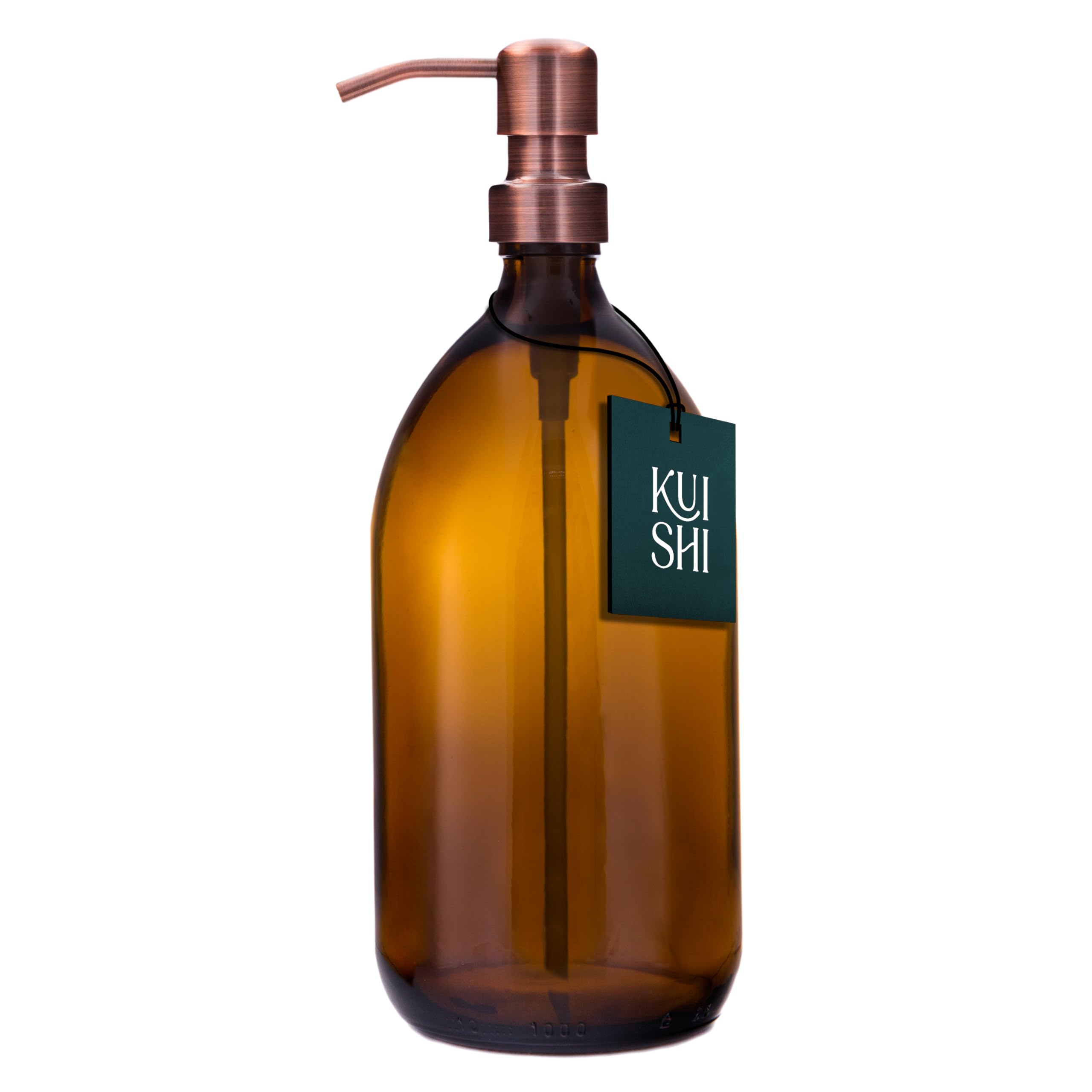 Kuishi Glass Soap Dispenser with Bronze Stainless Steel Pump - 1000ml Refillable BPA-Free Hand Soap Dispenser for Kitchen & Bathroom, Amber