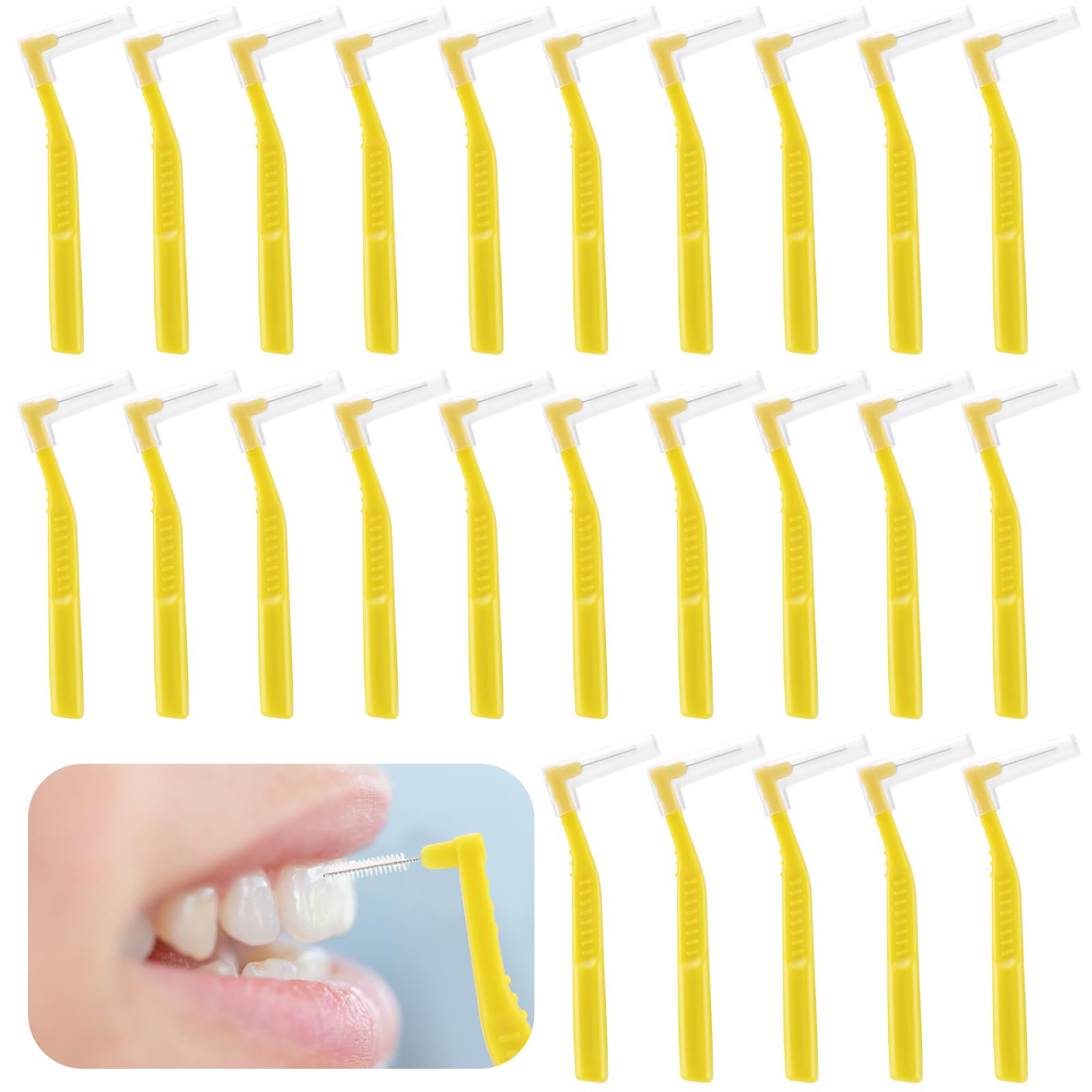 Prasacco 25 Pcs Interdental Brush, Dental Brushes for Between Teeth and Gums Small L Shaped Interdental Brushes Universal Teeth Braces Angle Alternative Brushes Tooth Cleaning Tool(Yellow 0.6mm)