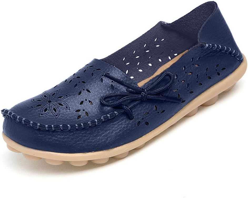 DUOYANGJIASHA Women's Leather Loafers Slip On Flats Casual Round Toe Moccasins Wild Breathable Comfortable Driving Fashion Soft Shoes