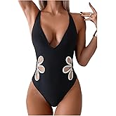 SweatyRocks Women's Halter One Piece Swimsuits Cut Out Deep V Neck Tummy Control Backless Bathing Suit