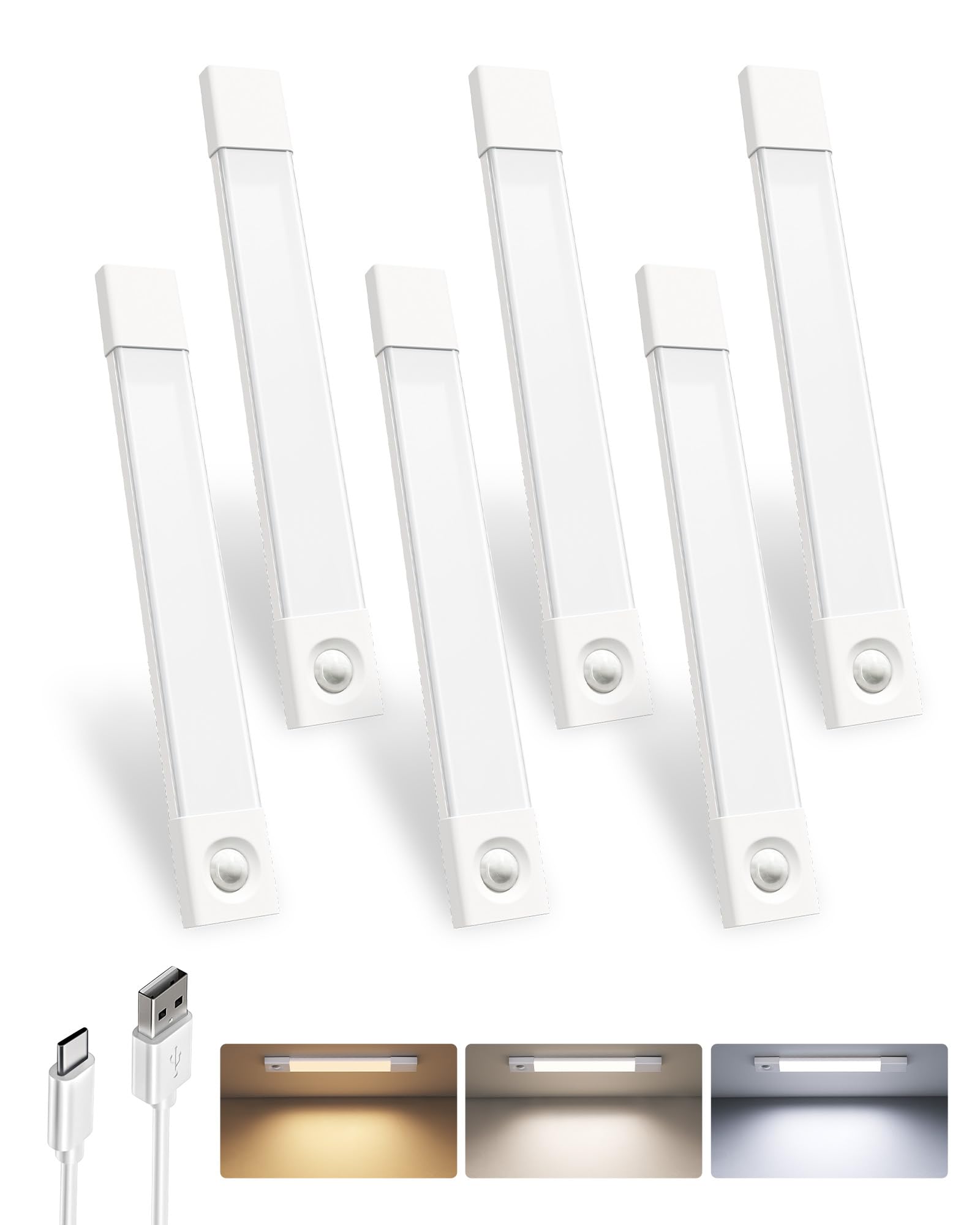 Photo 1 of EZVALO 6-Pack Under Cabinet Lighting, Wireless Closet Lights, 50 LED Rechargeable Motion Sensor Light, Dimmable, 3 Color Temperatures, 11.8 inch Counter Lights for Kitchen, Pantry, Bedroom, Wardrobe