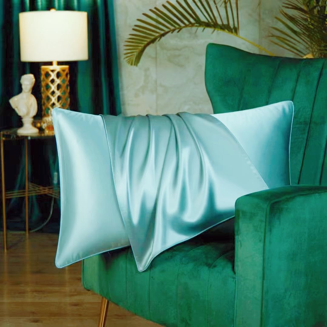 Both Sides Luxury Mulberry Silk Pillowcase 19 Momme Soft Breathable Hidden Zipper 1pc/pack 100% Pure Natural Silk (Aqua Blue, Standard 50x75cm)