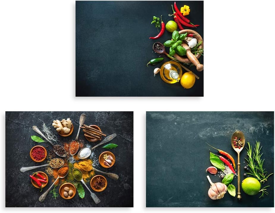 Kitchen Pictures Wall Decor, SZ Vintage Spice and Spoon Canvas Art Prints, 3 Piece Set Retro Pictures Artwork (Waterproof, 1" Thick, Bracket Mounted Ready to Hang)