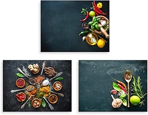 Kitchen Pictures Wall Decor, SZ Vintage Spice and Spoon Canvas Art Prints, 3 Piece Set Retro Pictures Artwork (Waterproof, 1" Thick, Bracket Mounted Ready to Hang)