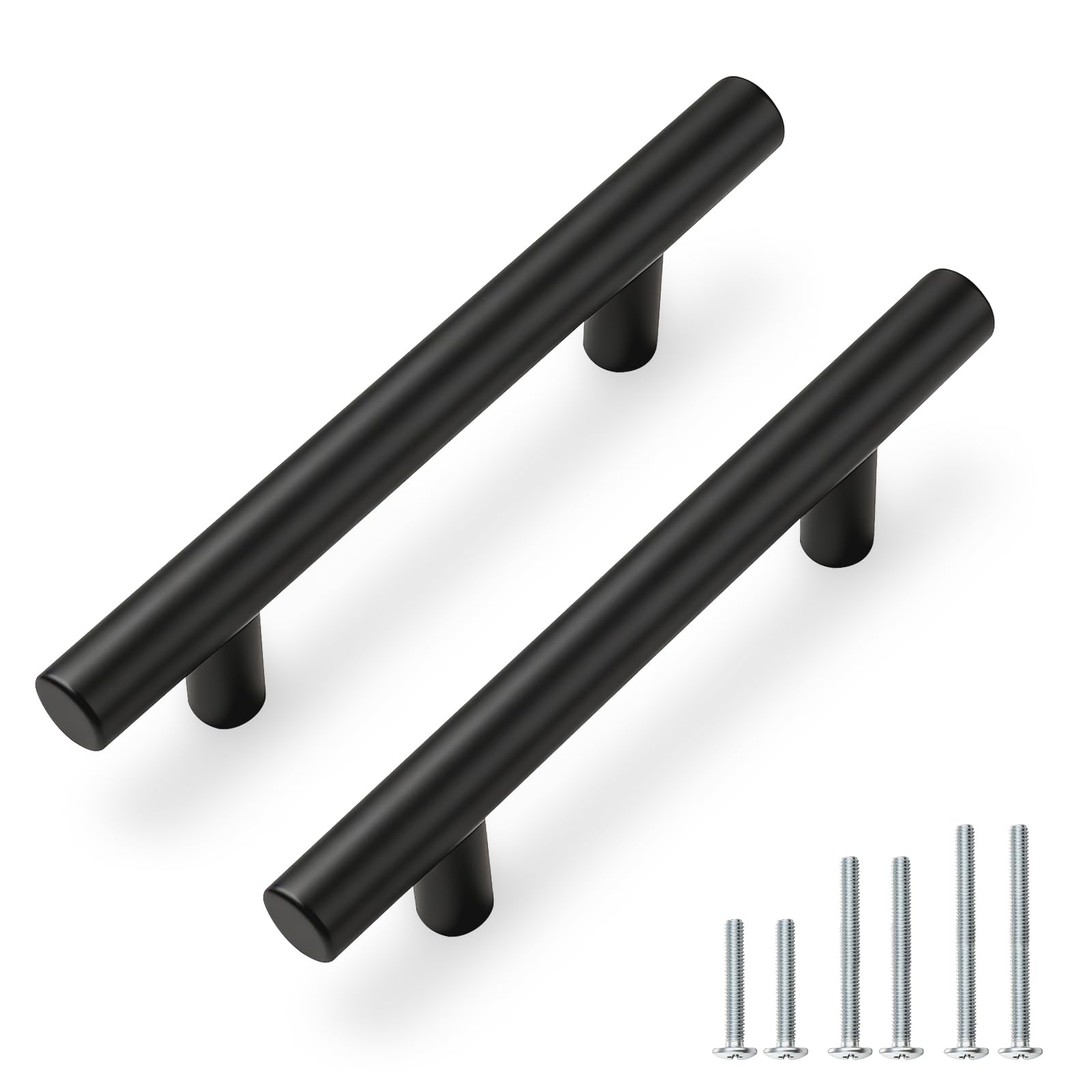 PinLin 10 Pack Kitchen Door Handles 76mm Hole Centre Flat Black Cabinet Handles Stainless Steel Cupboard T Bar Handle (Screws Included)
