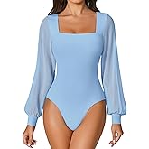 Avidlove Women Puff Long Sleeve Bodysuit Mesh Square Neck Thong Sexy Body Suits Double Lined Leotards