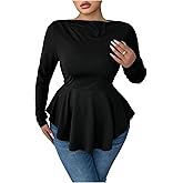 RoseSeek Women's Plus Size Boat Neck Ruffle T Shirt Long Sleeve Peplum Tops Casual Dressy Tees
