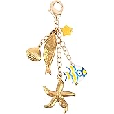 Penitue Gold Beach Keychain, Cute Seashell Fish Starfish Bag Keyring Charm Summer Ocean Key Chain Purse Charms for Handbags Accessories Girls Women Gifts