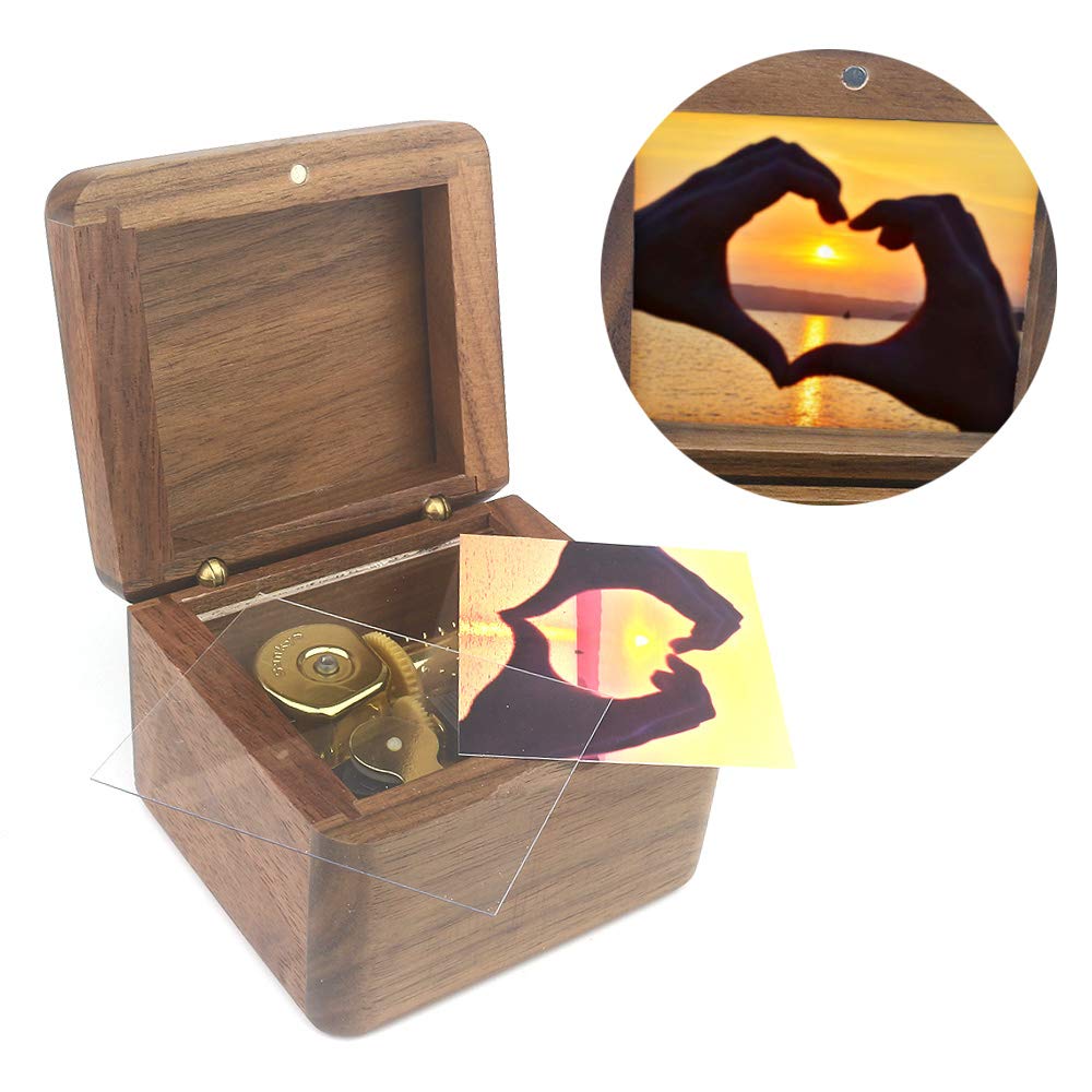Sinzyo Natural Wooden Music Box with Customizable Photos Wind Up Musical Box Gifts for Christmas,Birthday and Valentine's Day(Character Walnut, Tone:La Vie en Rose)