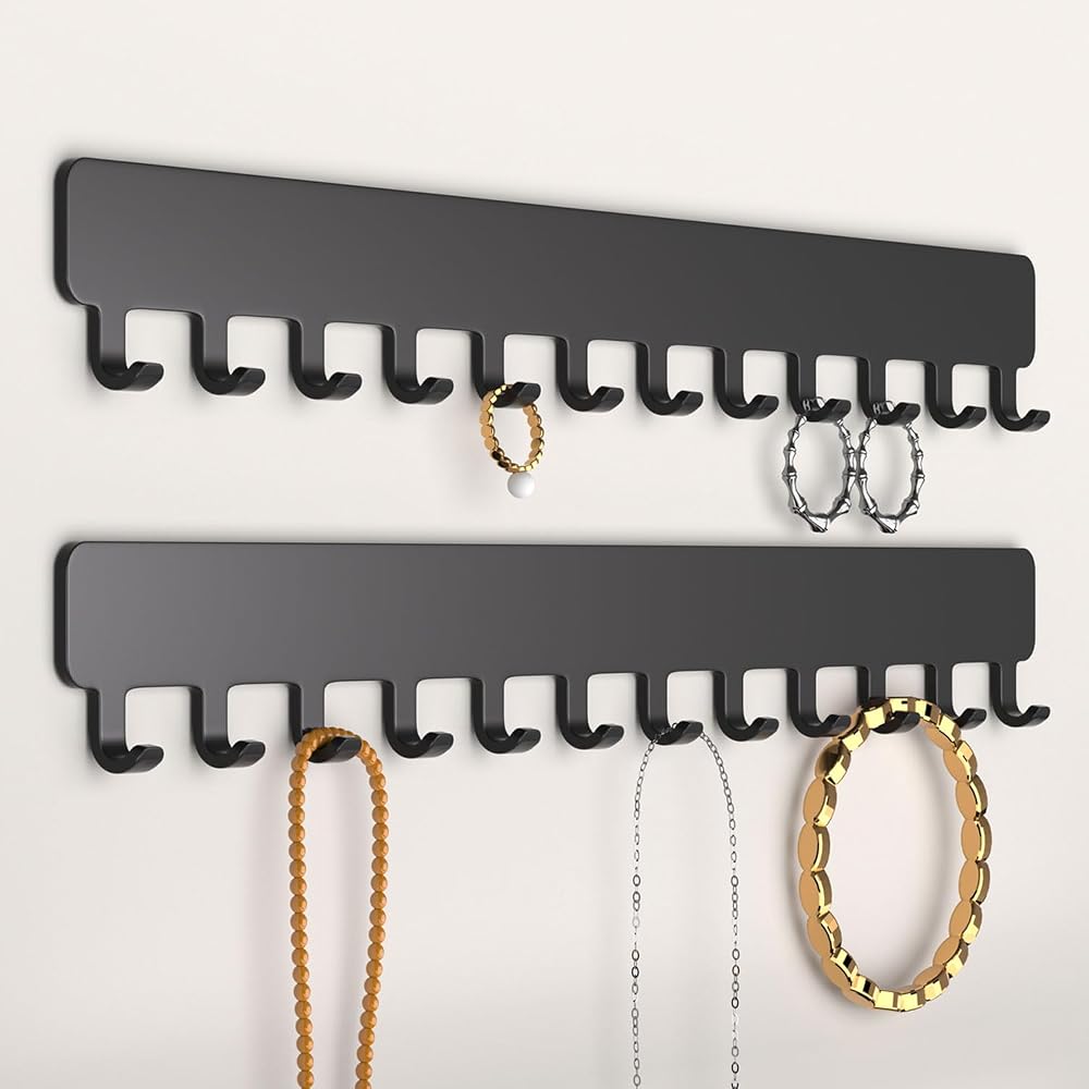 Josmimic Wall Necklace Organizer Holder Black 2 Pack Wall Mounted Jewelry