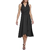 DKNY Womens Sleeveless V-Neck Buckle Belt Faux Wrap Midi Dress