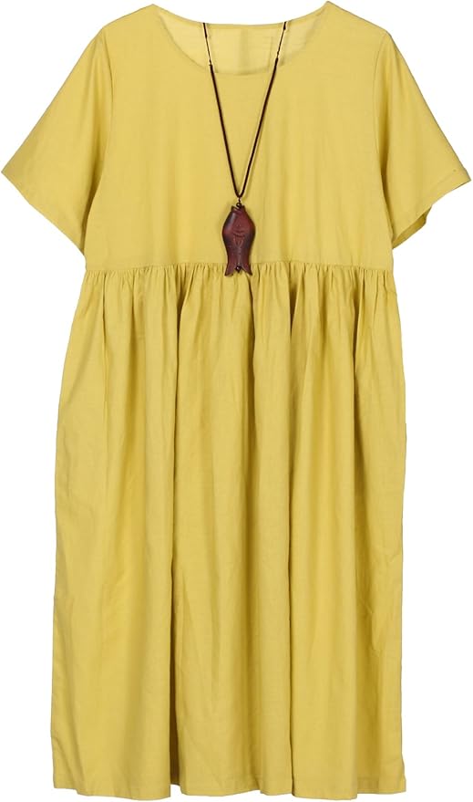 Minibee Women's Summer Linen Dress Ruffle Loose Swing Tunic Midi Dress