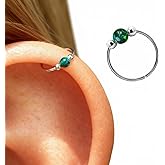 Lugasis FINE JEWELRY Silver Helix Cartilage Piercing - Handmade Sterling Silver Helix Ring with a 3mm Dark Green Opal - 8mm Thin 20 Guage Silver Piercing Hoop