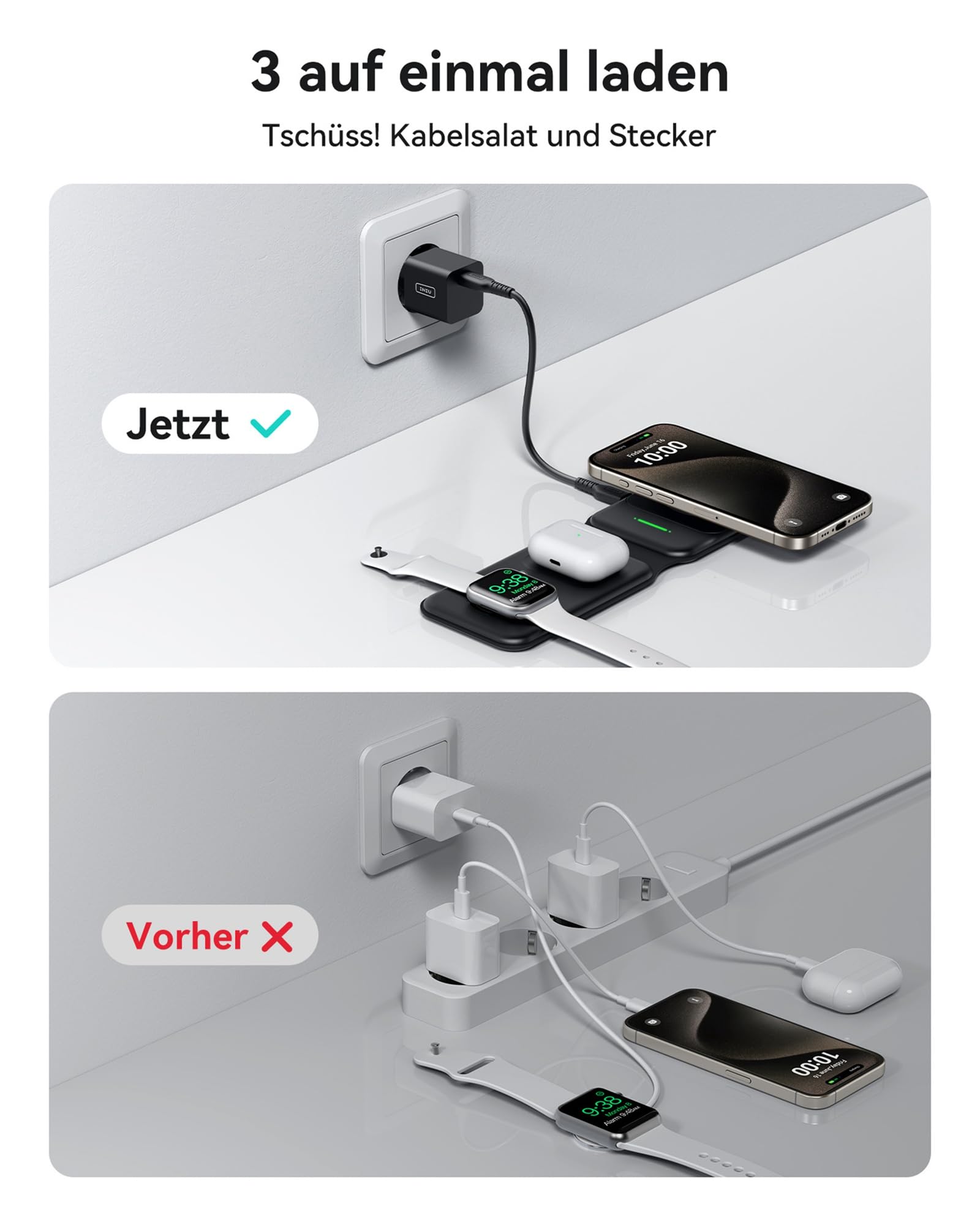 INIU 15W MagSafe Ladestation 3 in 1, Faltbares Wireless Charger Qi2-Zertifikat Reise ladegerät für iPhone 16/15/14/13/12, Apple Watch 9/8/7/6/SE, AirPods 4/3/Pro 2(mit 20W Adapter und USB-C-Kabel) 3