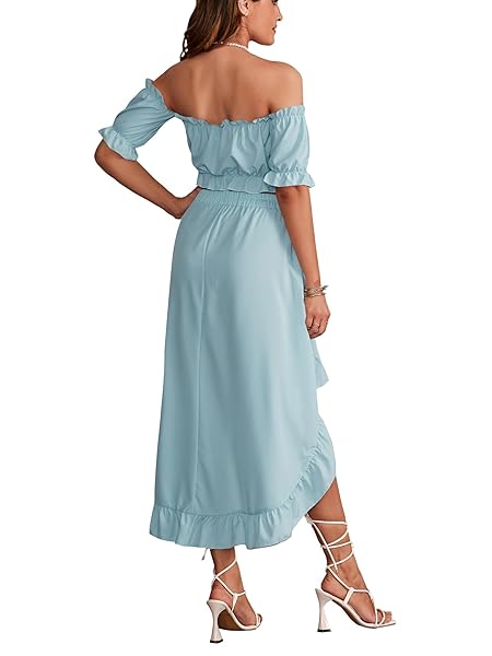 LYANER WOMEN’S TWO PIECES OUTFITS OFF SHOULDER CROP TOP AND HIGH LOW SKIRT SETS LIGHT BLUE# X-LARGE