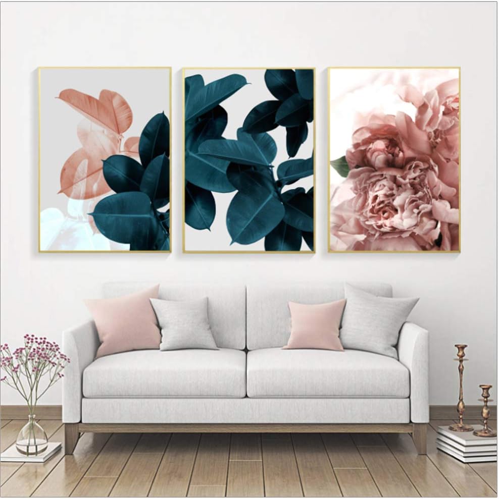 ZHANGSHAIFFBH Canvas Painting Modern Abstract Pink Flower Green Plants Poster Print Pictures Home Wall Art Decoration 60x80cm(23.6"x31.5) x3 No Frame
