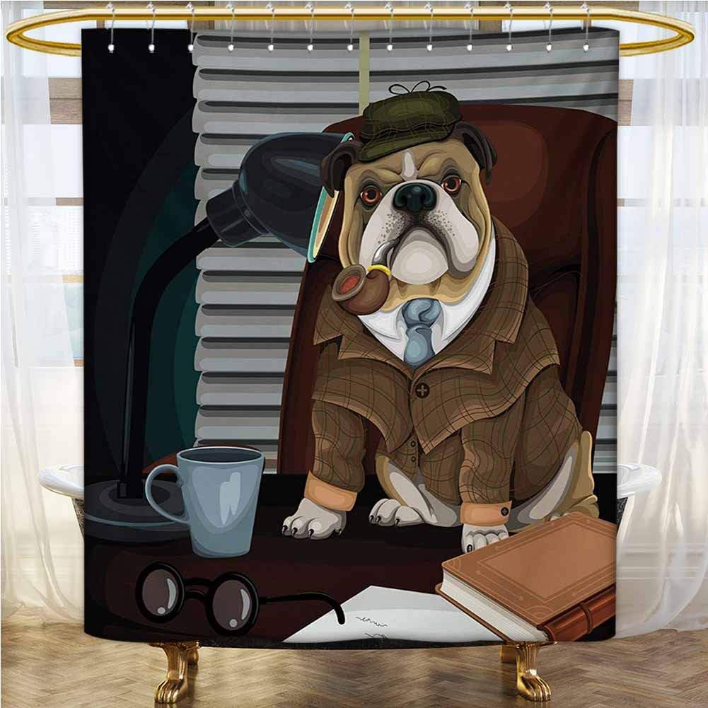 English Bulldog Bathtub Splash Guard 94x72 INCH Traditional English Detective Dog with a Pipe and Hat Sherlock Holmes Image Shower Curtain with Hooks Multicolor