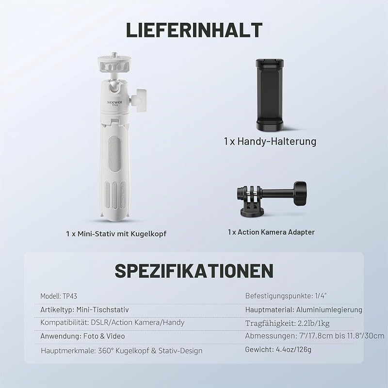 BASICS Mini Tisch Selfie Stick Stativ kompatibel mit iPhone GoPro Insta360 DJI, tragbare kleine Kamera, Webcam Android Handyhalterung, Kugelkopf, erhöhte Achse, Videoaufnahme Ständer, TP43 Weiß